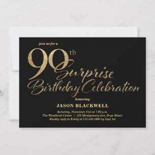 Surprise 90th Birthday Celebration Black & Gold Invitation