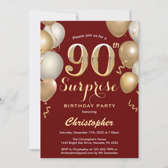 Surprise 90th Birthday Dark Red and Gold Balloons Invitation (Front)
