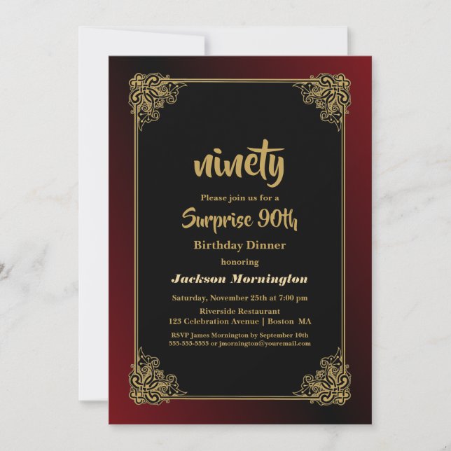 Surprise 90th Birthday Dinner Black Red Gold Invitation (Front)
