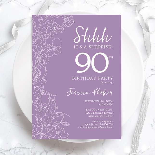 Surprise 90th Birthday - Floral Purple Invitation (Creator Uploaded)