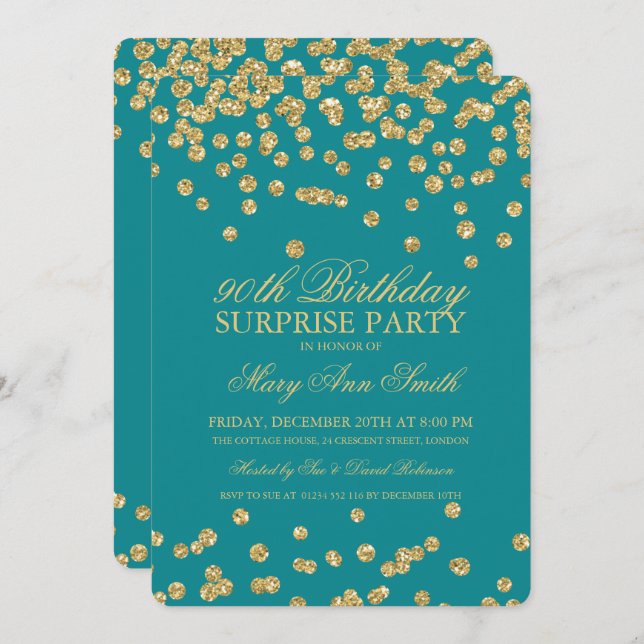 Surprise 90th Birthday Gold Glitter Confetti Teal Invitation (Front/Back)