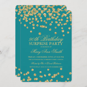 Surprise 90th Birthday Gold Glitter Confetti Teal Invitation