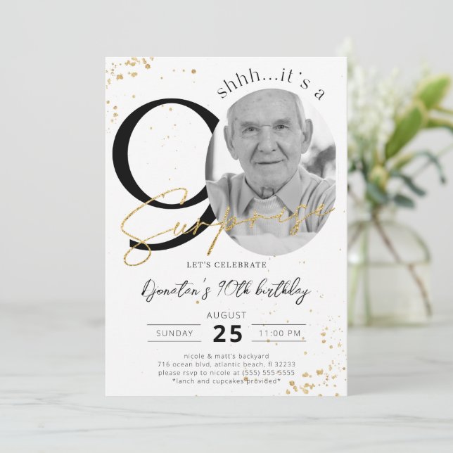 Surprise 90th Birthday Gold Photo Invitation (Standing Front)