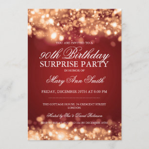 Surprise 90th Birthday Gold & Red Sparkling Lights Invitation
