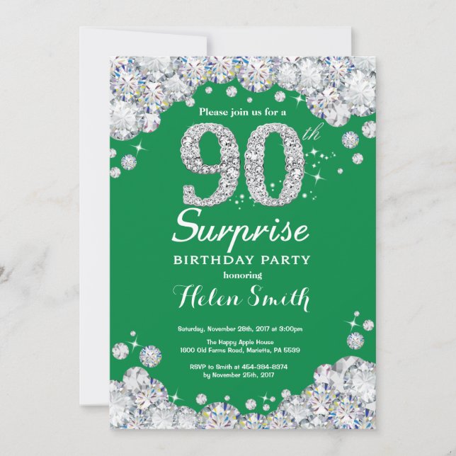Surprise 90th Birthday Green and Silver Diamond Invitation (Front)