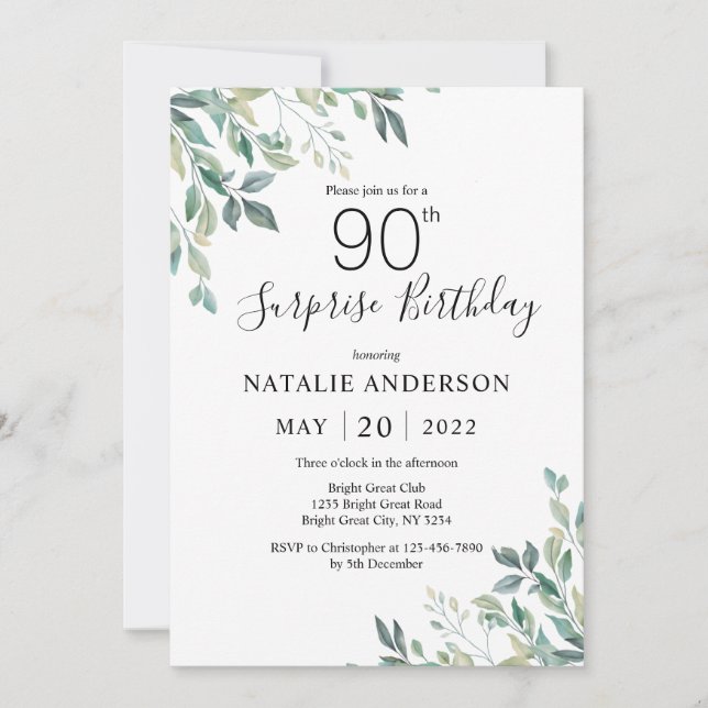 Surprise 90th Birthday Green Eucalyptus Greenery Invitation (Front)