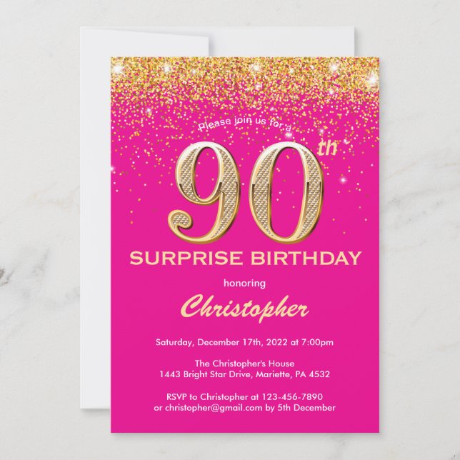 Surprise 90th Birthday Hot Pink and Gold Glitter Invitation (Front)