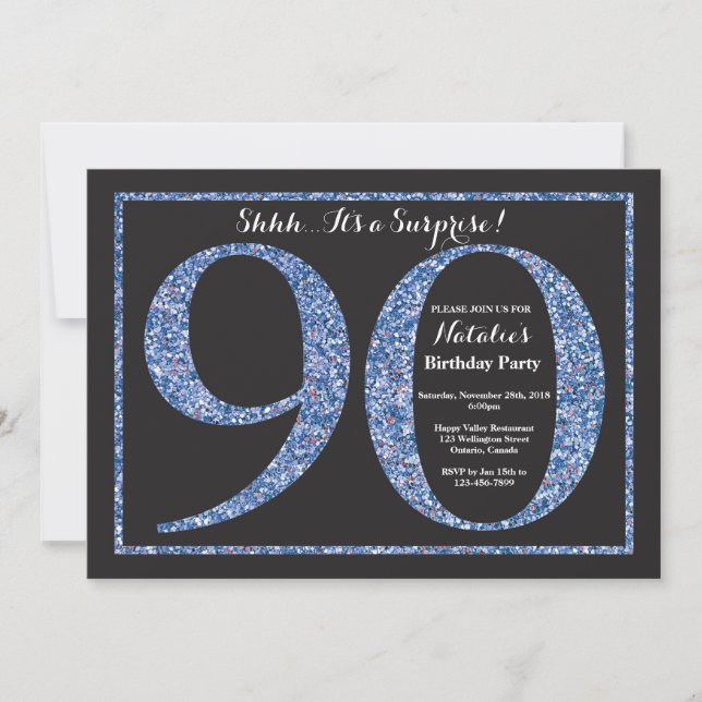 Surprise 90th Birthday Invitation Blue Glitter (Front)
