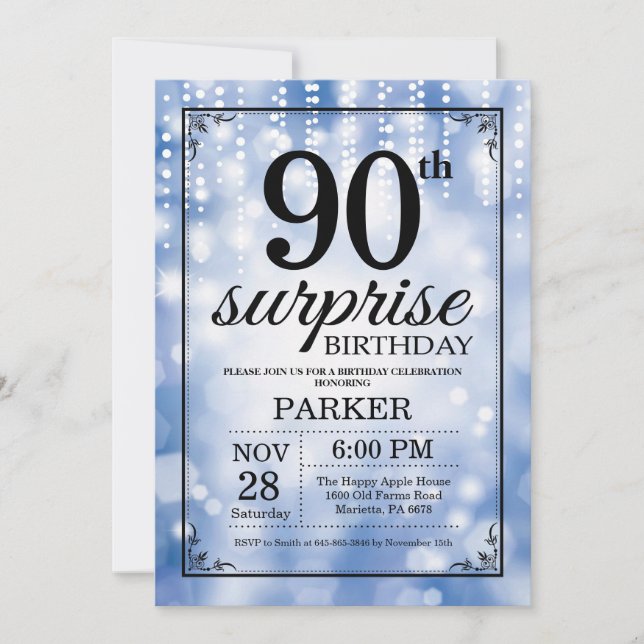 Surprise 90th Birthday Invitation Blue Glitter (Front)
