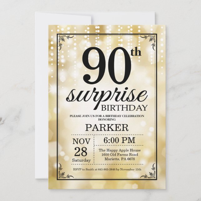 Surprise 90th Birthday Invitation Gold Glitter (Front)