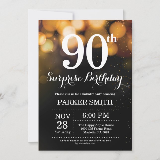 Surprise 90th Birthday Invitation Gold Glitter (Front)
