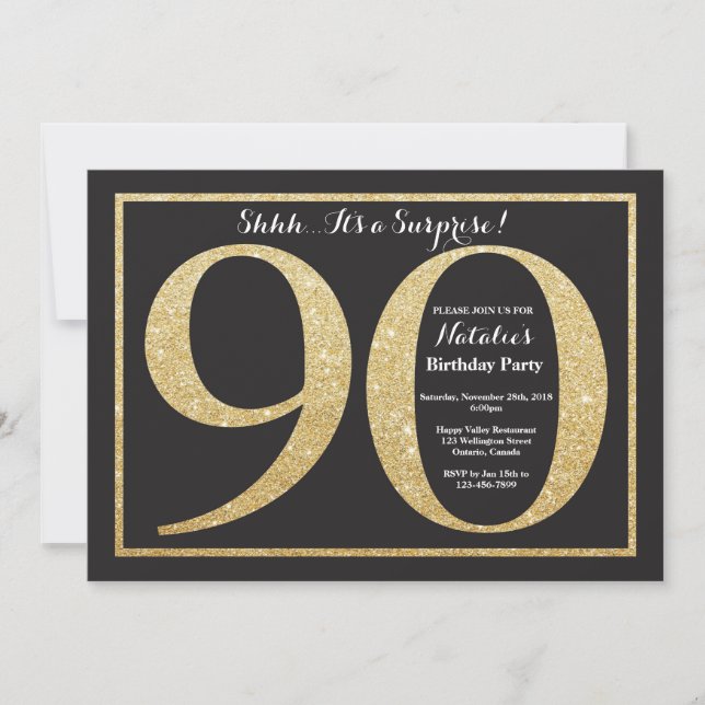 Surprise 90th Birthday Invitation Gold Glitter (Front)