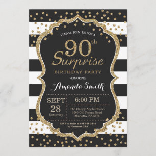 Surprise 90th Birthday Invitation. Gold Glitter Invitation