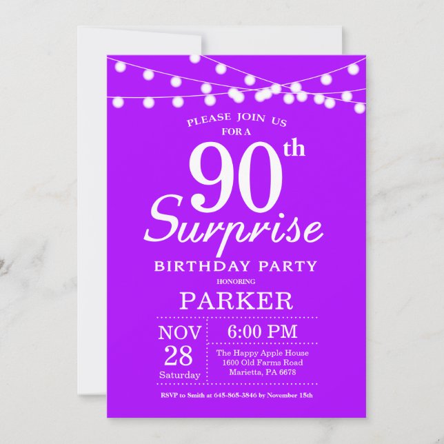 Surprise 90th Birthday Invitation Purple Lavender (Front)