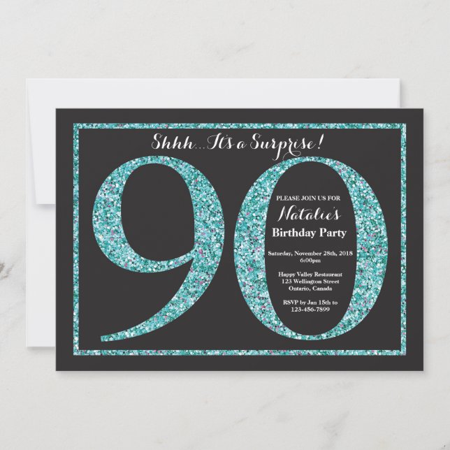 Surprise 90th Birthday Invitation Teal Glitter (Front)