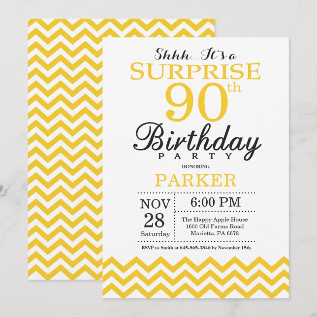 Surprise 90th Birthday Invitation Yellow Chevron (Front/Back)