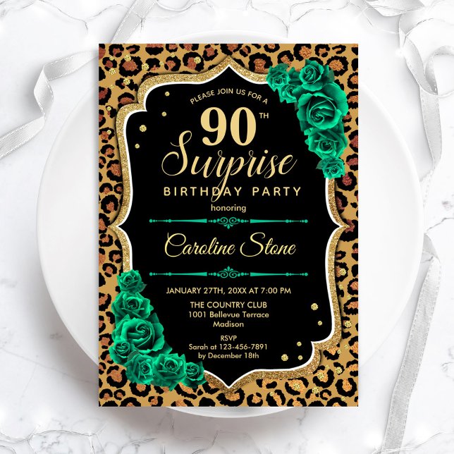 Surprise 90th Birthday - Leopard Black Gold Pink Invitation (Creator Uploaded)