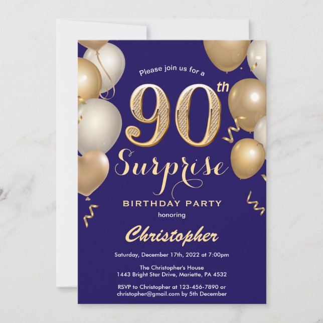 Surprise 90th Birthday Navy Blue and Gold Balloons Invitation (Front)
