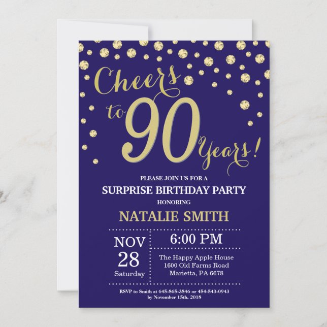 Surprise 90th Birthday Navy Blue and Gold Diamond Invitation (Front)