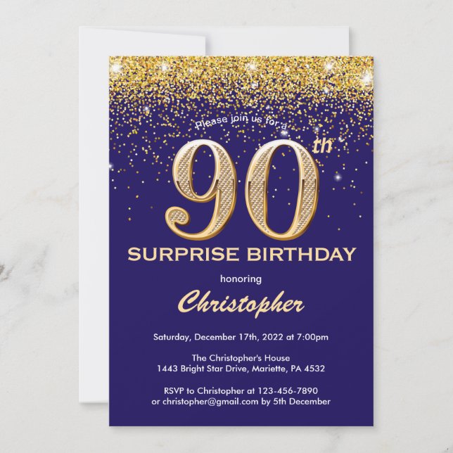 Surprise 90th Birthday Navy Blue and Gold Glitter Invitation (Front)