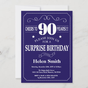 Surprise 90th Birthday Navy Blue and White Invitation