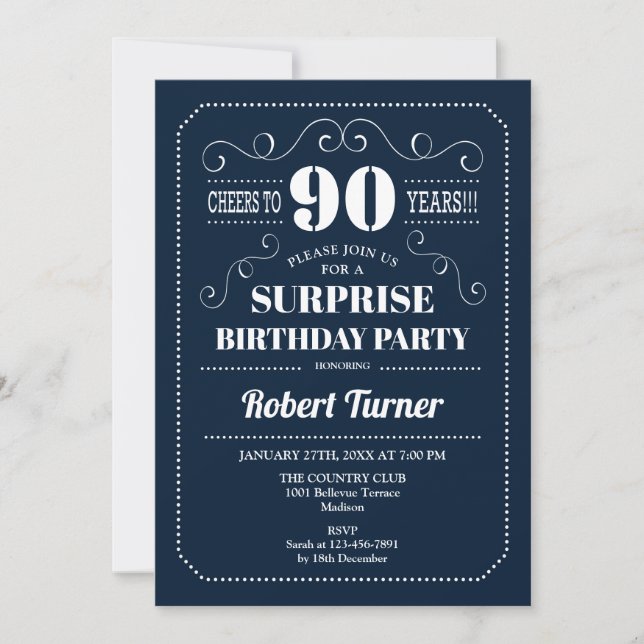 Surprise 90th Birthday - Navy Blue Invitation (Front)
