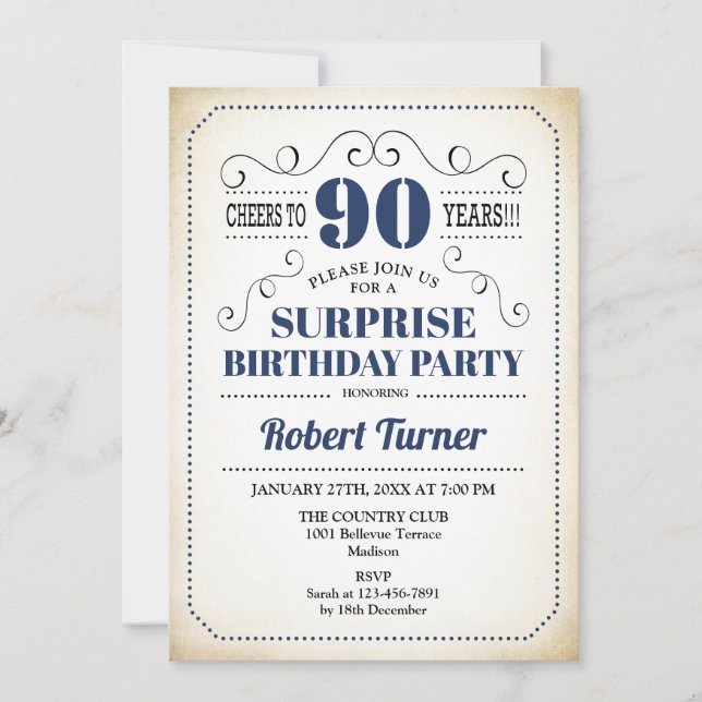 Surprise 90th Birthday - Navy Blue White Black Invitation (Front)