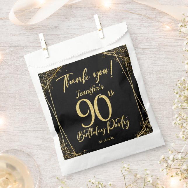 Surprise 90th Birthday Party Black & Gold Glitter Favour Bag (Clipped)