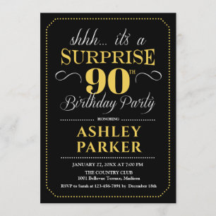 Surprise 90th Birthday Party - Black Gold Invitation