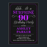 Surprise 90th Birthday Party - Black Purple Invitation<br><div class="desc">Surprise 90th Birthday Party Invitation.
Simple classy design in black,  purple and white. Features stylish script font. Surprise bday celebration for man or woman. Can be customized into any age!</div>