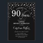 Surprise 90th Birthday Party - Black Silver Invitation<br><div class="desc">Surprise 90th Birthday Party Invitation.
Elegant design in black and faux glitter silver. Features script font and diamonds confetti. Cheers to 90 Years! Message me if you need further customization.</div>