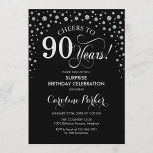 Surprise 90th Birthday Party - Black Silver Invitation