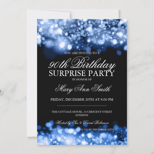 Surprise 90th Birthday Party Blue Sparkling Lights Invitation (Front)