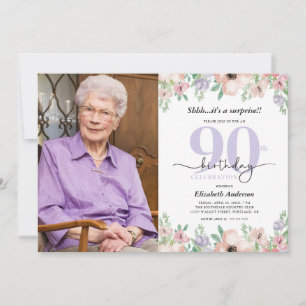 Surprise 90th Birthday Party Elegant Floral Photo Invitation
