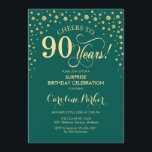 Surprise 90th Birthday Party - Emerald Green Gold Invitation<br><div class="desc">Surprise 90th Birthday Party Invitation.
Elegant design in emerald green and faux glitter gold. Features script font and diamonds confetti. Cheers to 90 Years! Message me if you need further customization.</div>