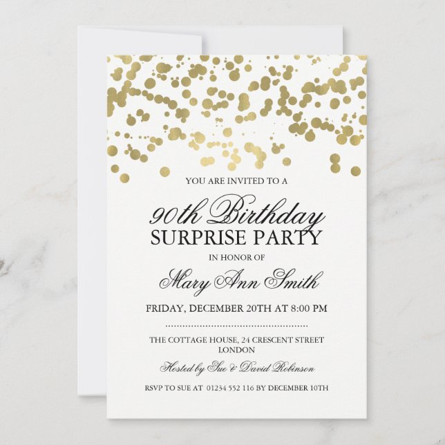 Surprise 90th Birthday Party Gold Foil Confetti Invitation (Front)