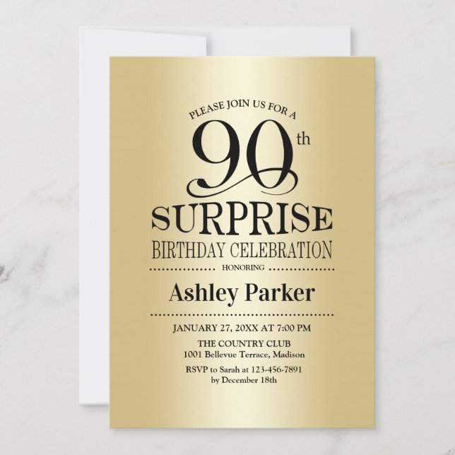Surprise 90th Birthday Party - Gold Invitation (Front)