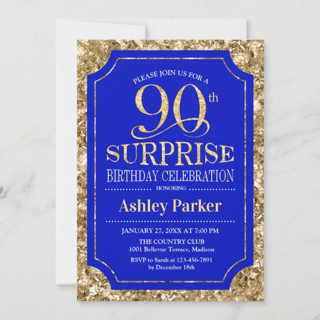 Surprise 90th Birthday Party - Gold Royal Blue Invitation (Front)