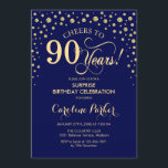 Surprise 90th Birthday Party - Navy Blue Gold Invitation<br><div class="desc">Surprise 90th Birthday Party Invitation.
Elegant design in navy blue and faux glitter gold. Features script font and diamonds confetti. Cheers to 90 Years! Message me if you need further customization.</div>