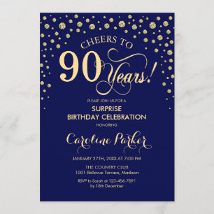 Surprise 90th Birthday Party - Navy Blue Gold Invitation