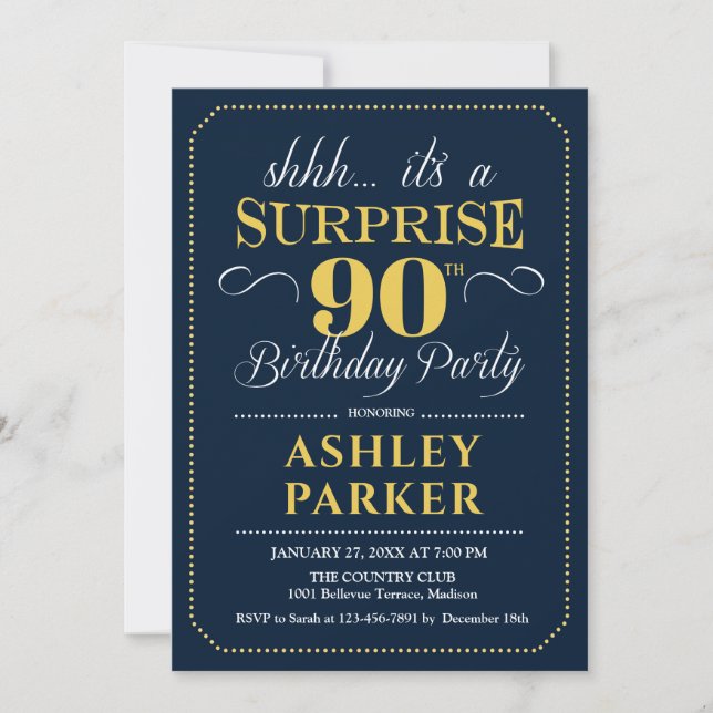Surprise 90th Birthday Party - Navy Gold Invitation (Front)