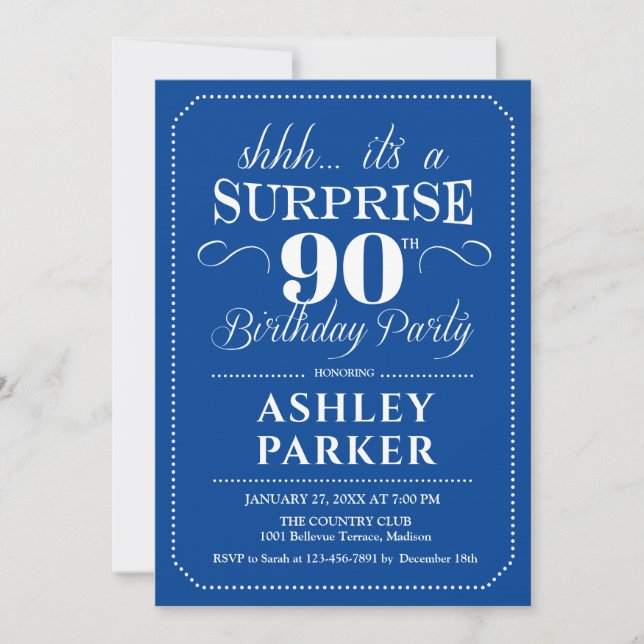 Surprise 90th Birthday Party - Navy White Invitation (Front)