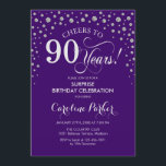 Surprise 90th Birthday Party - Purple Silver Invitation<br><div class="desc">Surprise 90th Birthday Party Invitation.
Elegant design in purple and faux glitter silver. Features script font and diamonds confetti. Cheers to 90 Years! Message me if you need further customization.</div>