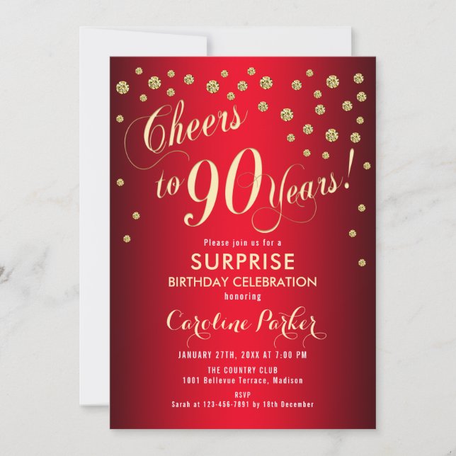 Surprise 90th Birthday Party - Red Gold Invitation (Front)