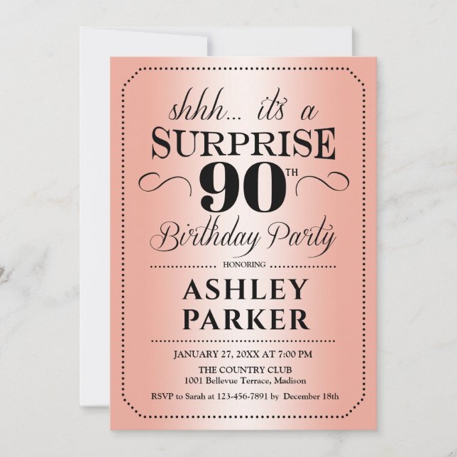 Surprise 90th Birthday Party - Rose Gold Invitation (Front)