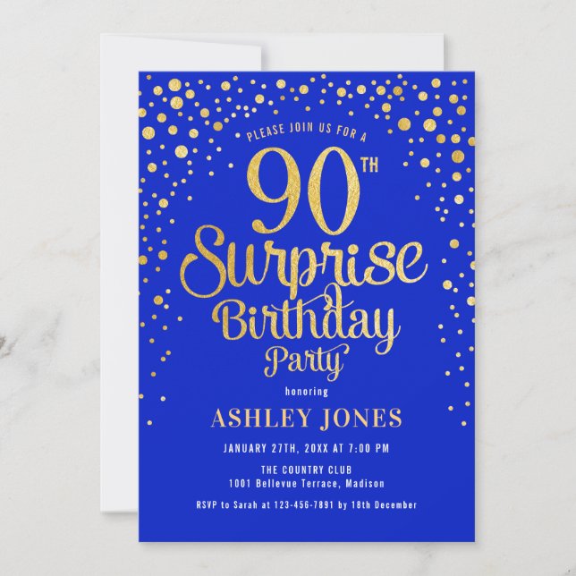 Surprise 90th Birthday Party - Royal Blue & Gold Invitation