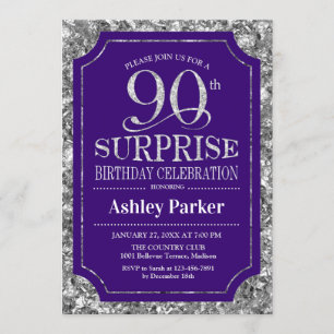 Surprise 90th Birthday Party - Silver Purple Invitation