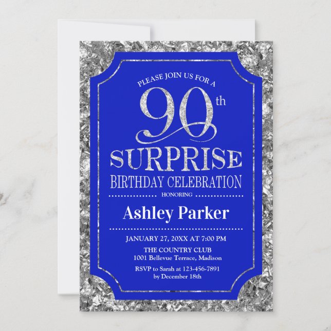 Surprise 90th Birthday Party - Silver Royal Blue Invitation (Front)