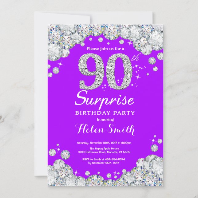 Surprise 90th Birthday Purple and Silver Diamond Invitation (Front)