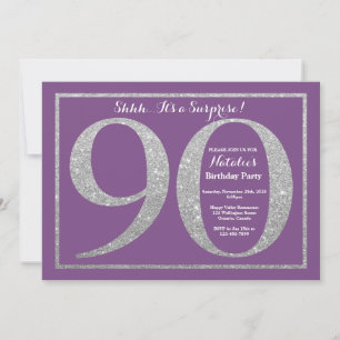 Surprise 90th Birthday Purple and Silver Glitter Invitation